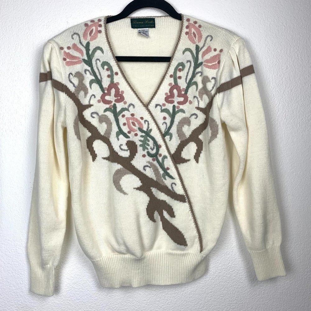 VTG Dana Scott M Floral Embroidered V Neck Sweater - Picture 2 of 5